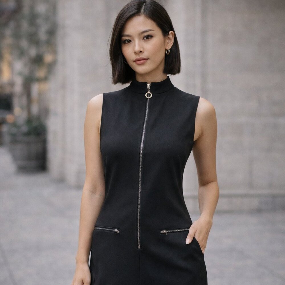 Laundry by Shelli Segal Black Front Zip Mini Dress | Sleek High Neck | Size 10
